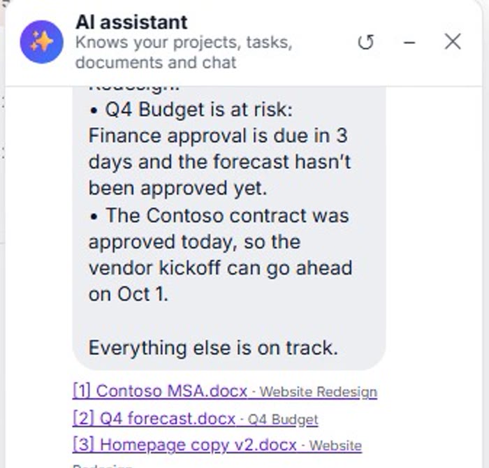 AI assistant answering from project documents with sources