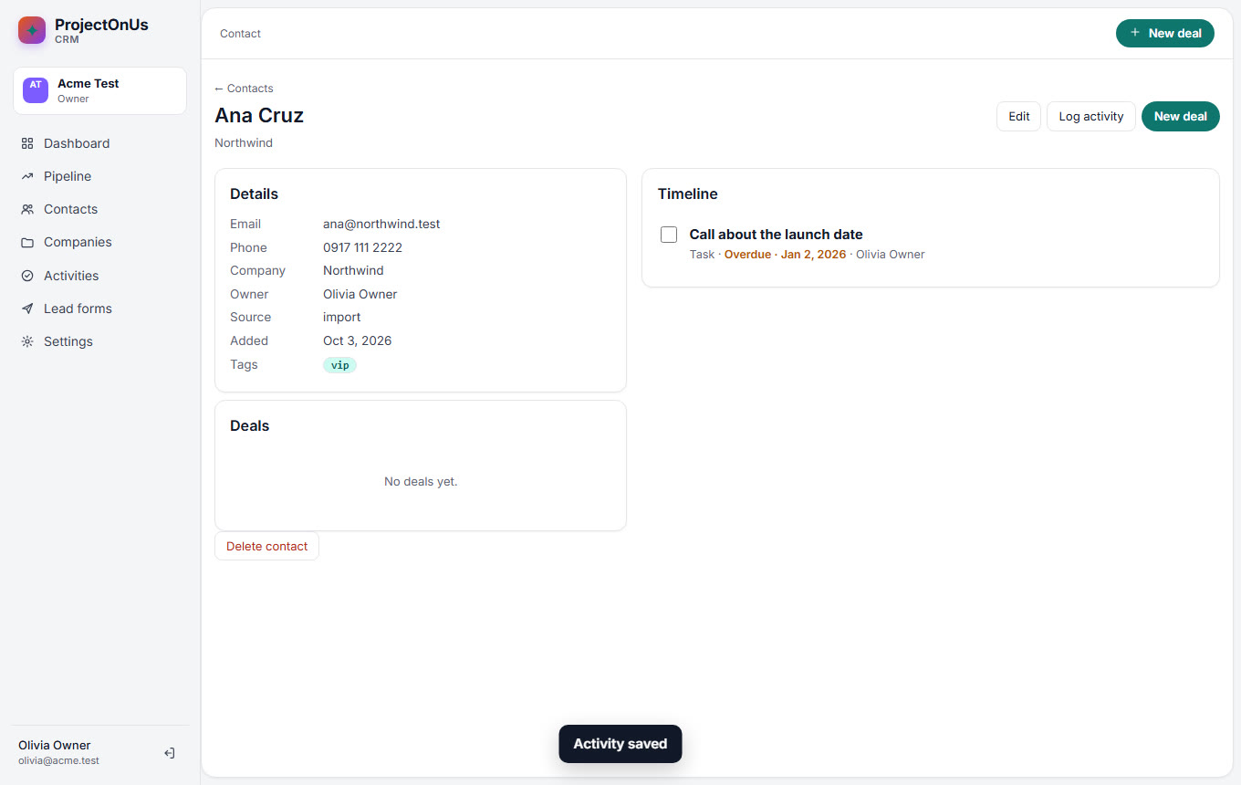 Contact page with details, deals and a follow-up on the timeline