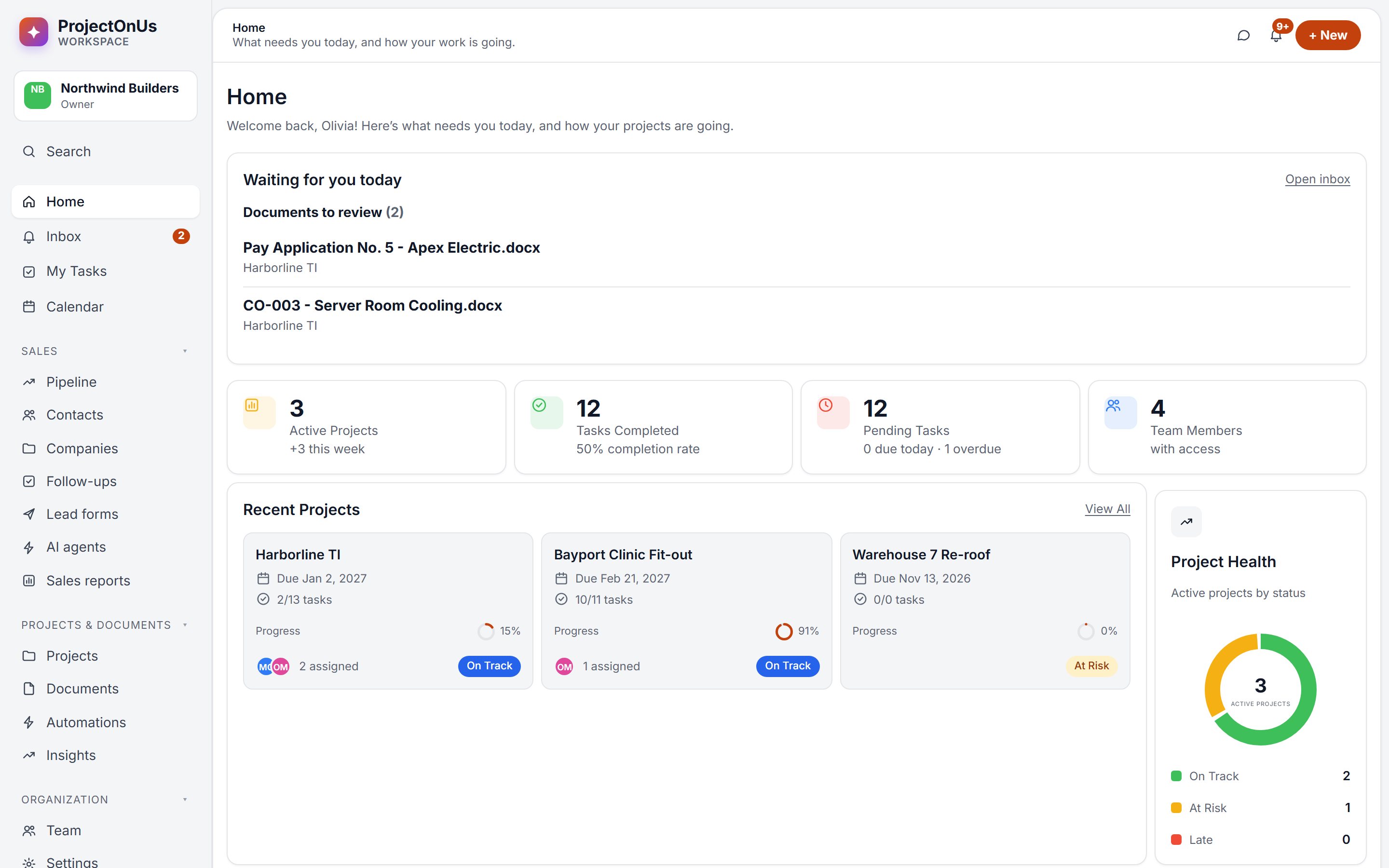 Projects dashboard with tasks due, project health and recent activity
