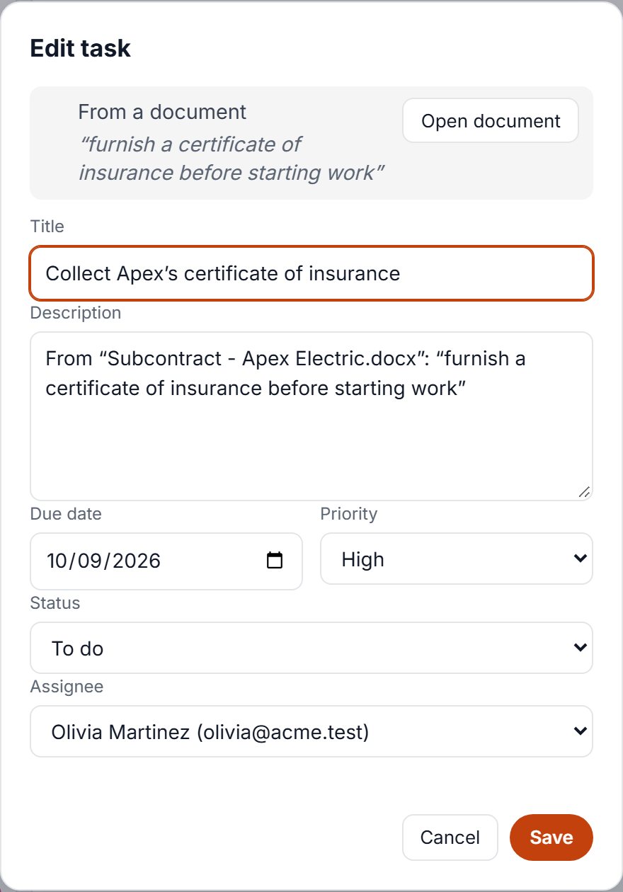 A task created from Apex Electric's subcontract, quoting “furnish a certificate of insurance before starting work”