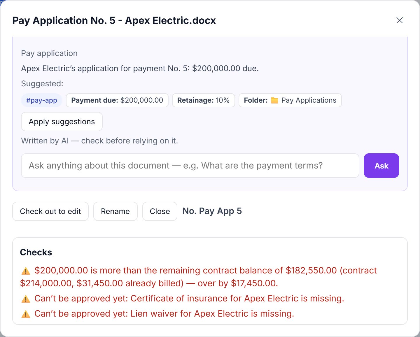 A pay application flagged as over the contract balance, with approval blocked until the insurance certificate arrives