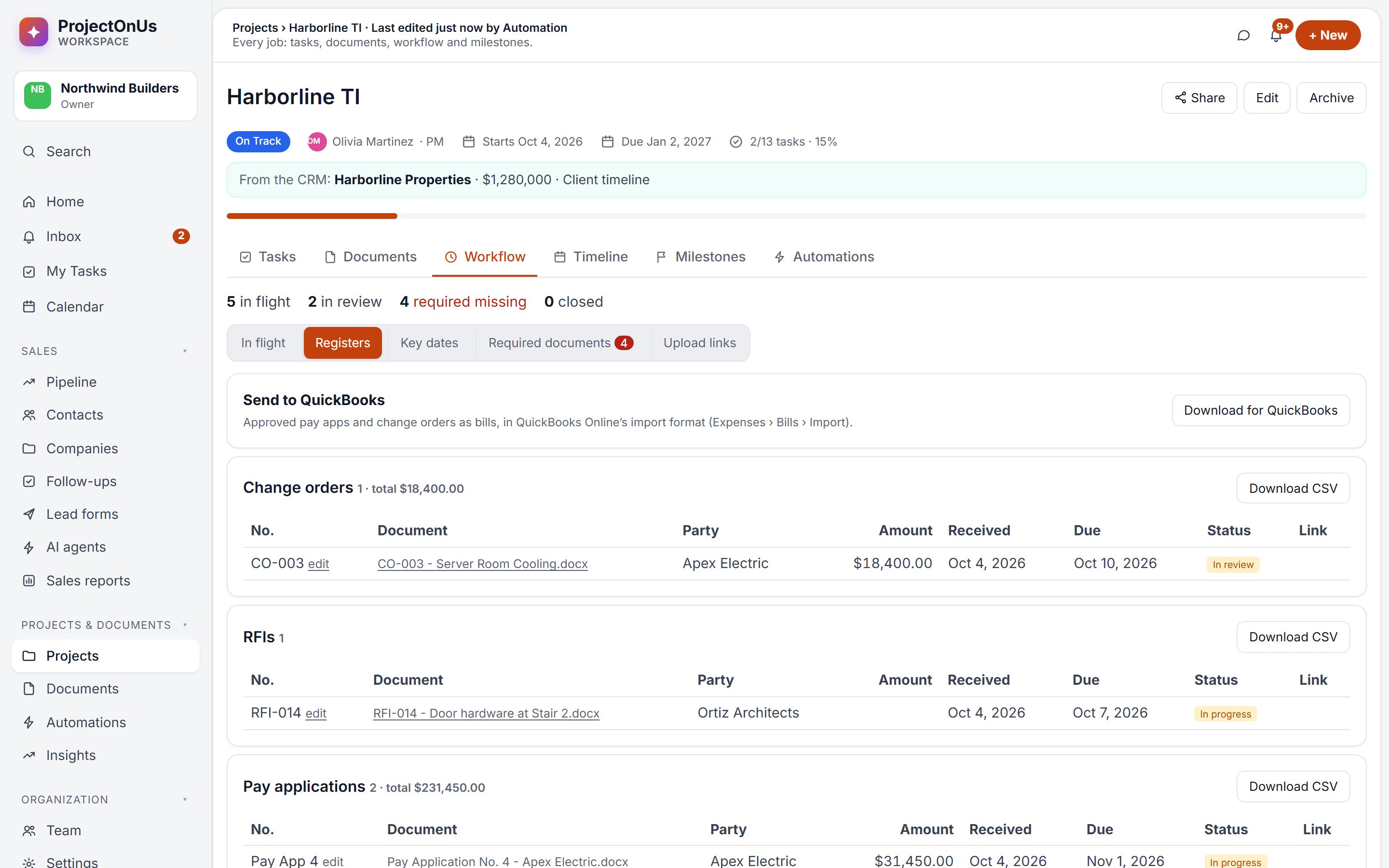 Change order, RFI and pay application registers with totals